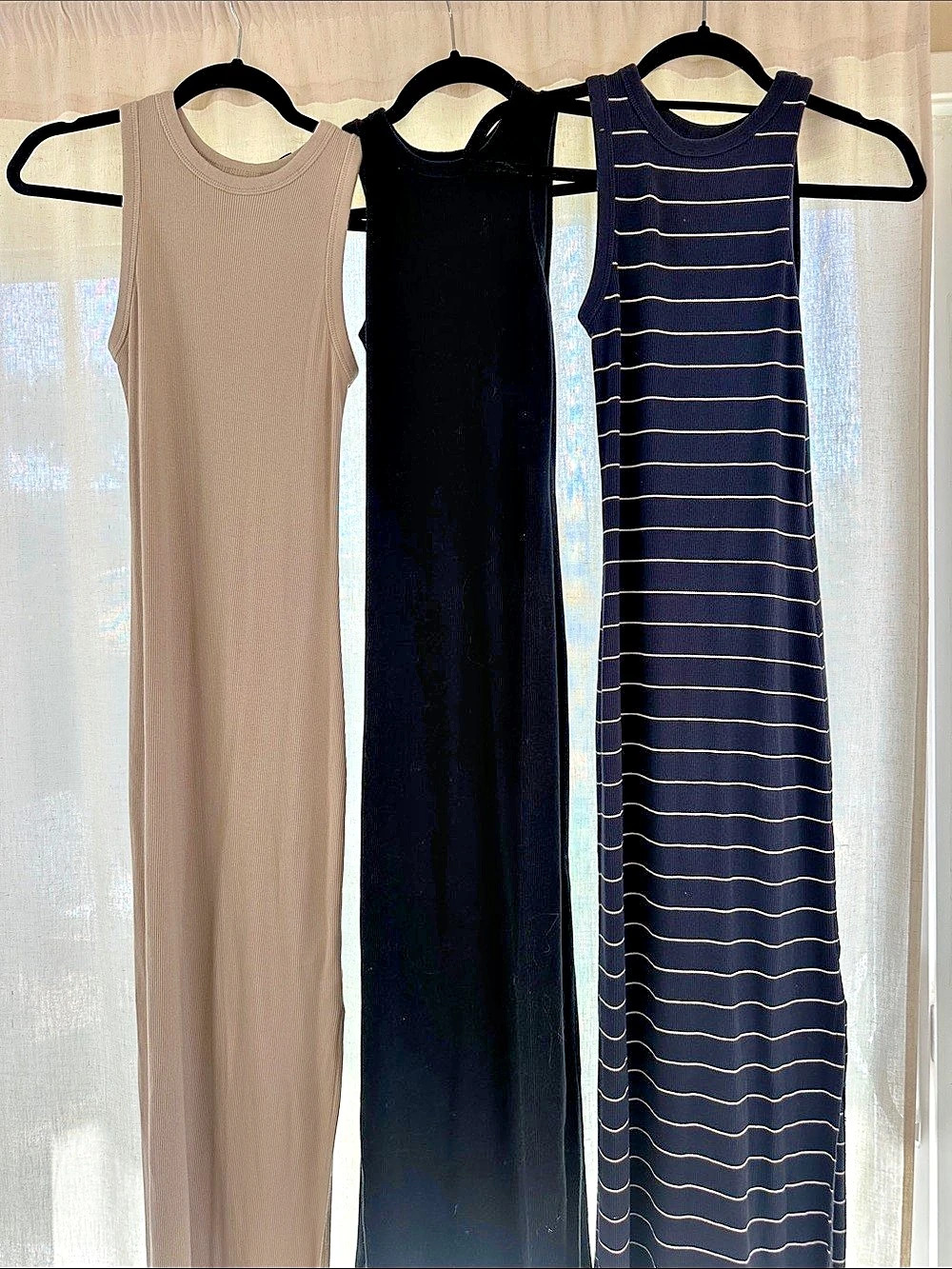 (3) Universal Thread Rib-Knit Maxi Bodycon Dress-  Tan, stripe navy and white, &